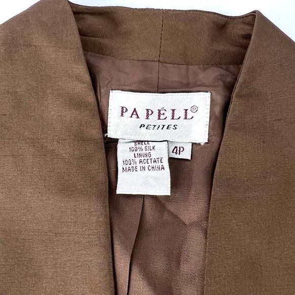 VTG Adrianna Papell 4 Petite BROWN 100% Silk OPEN Career Jacket Blazer - Picture 6 of 9